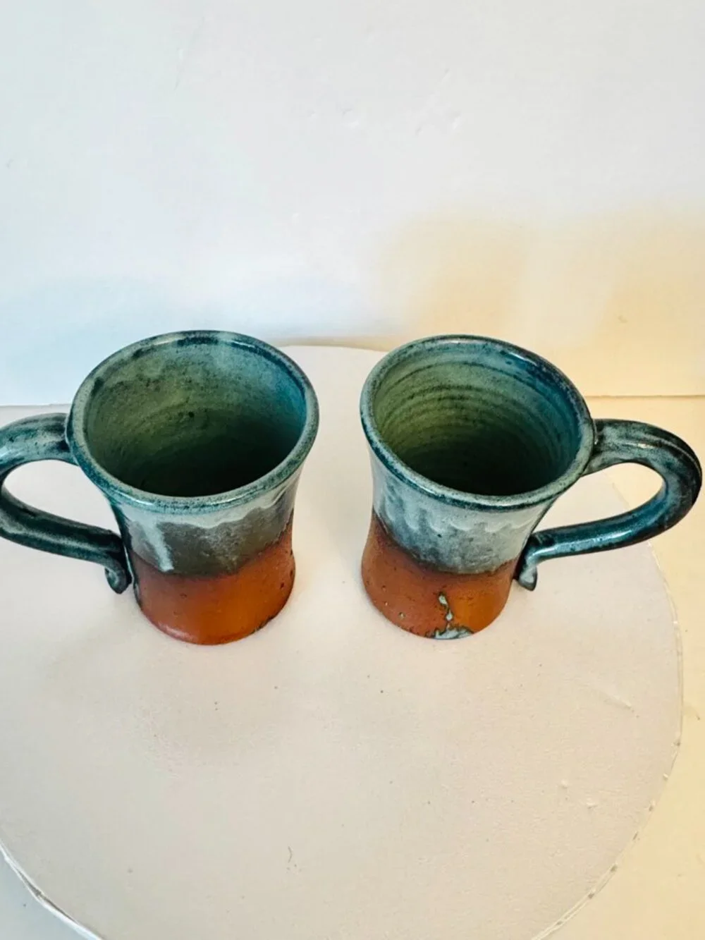 Pair Handmade Studio Pottery Mugs Joe Foster Terracotta Blue Green Drip Glaze